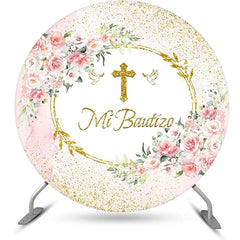 Lofaris Floral Gold Cross Mi Bautizo Round Baptism Backdrop