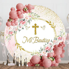 Lofaris Floral Gold Cross Mi Bautizo Round Baptism Backdrop