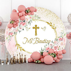 Lofaris Floral Gold Cross Mi Bautizo Round Baptism Backdrop