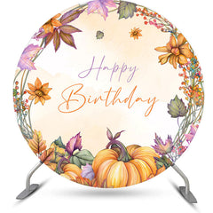 Lofaris Floral Pumpkins Maple Round Happy Birthday Backdrop