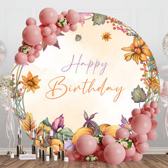 Lofaris Floral Pumpkins Maple Round Happy Birthday Backdrop