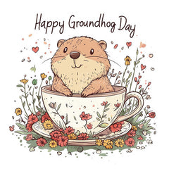 Lofaris Floral Tea Cup Happy Groundhog Day Shower Curtain