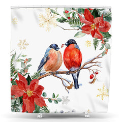 Lofaris Floral Watercolor Birds Christmas Shower Curtain