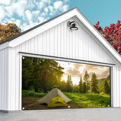 Lofaris Forest Mountain Grass Camping Time Garage Door Banner