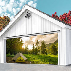 Lofaris Forest Mountain Grass Camping Time Garage Door Banner