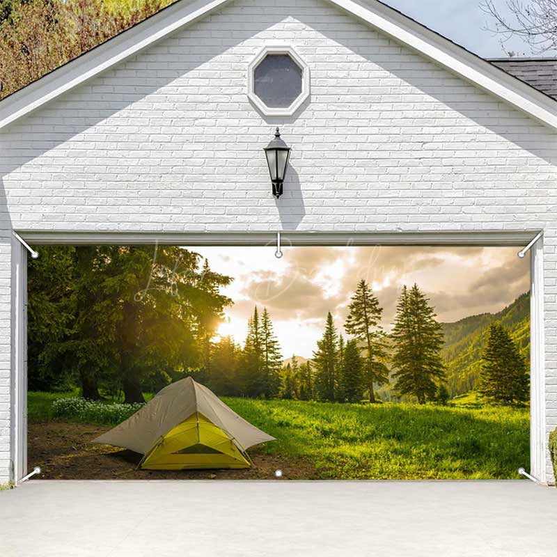 Lofaris Forest Mountain Grass Camping Time Garage Door Banner