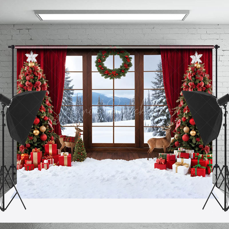 Lofaris Forest Window Scene Red Curtain Christmas Backdrop