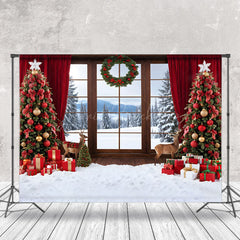 Lofaris Forest Window Scene Red Curtain Christmas Backdrop