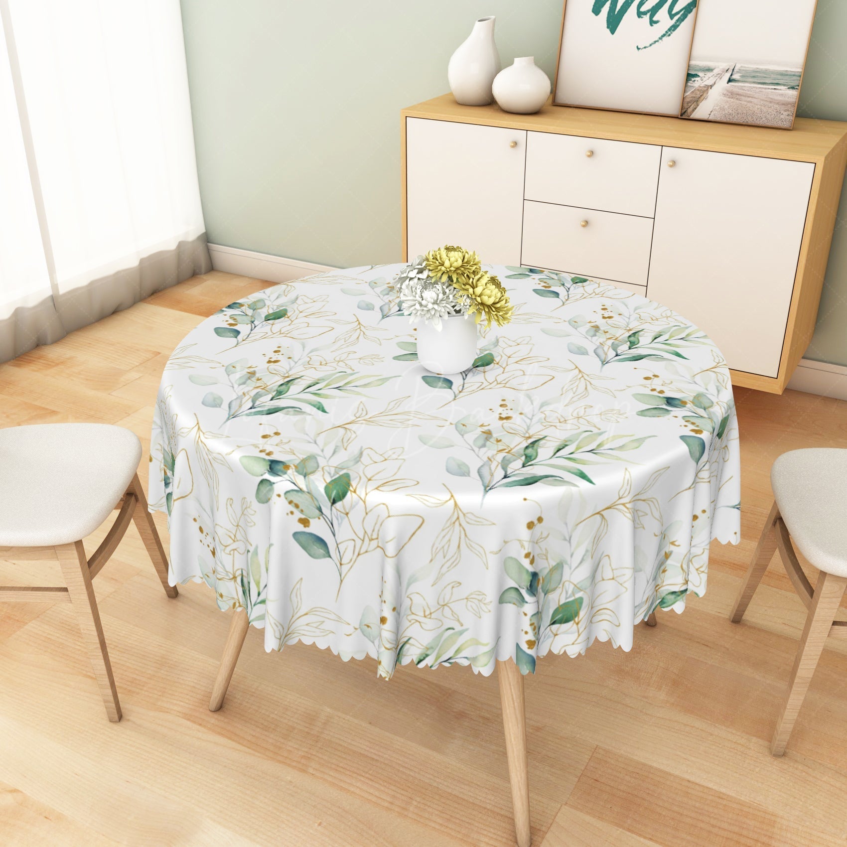 Lofaris Fresh Green Gold Leaf Watercolor Rectangle Tablecloth