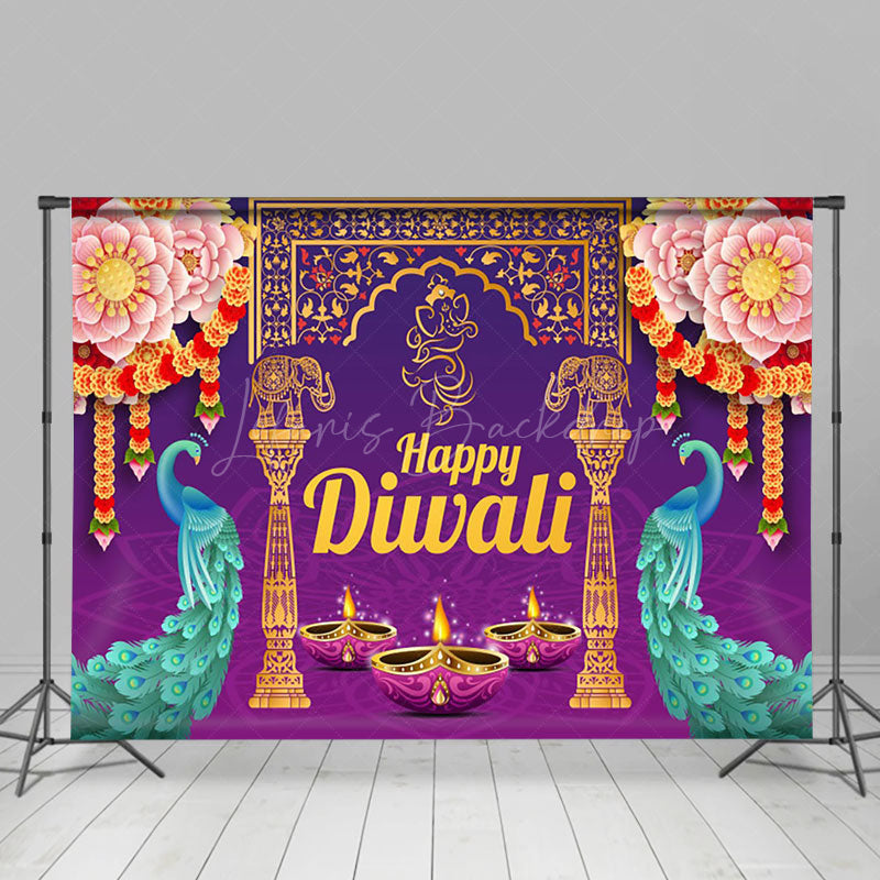 Lofaris Fuchsia Floral Peacock Ganesha Happy Diwali Backdrop