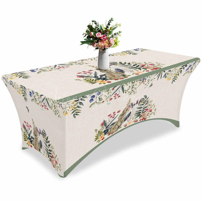 Lofaris Garden Flower Leaves Watercolor Bunny Stretch Table Cover