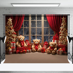 Lofaris Gift Teddy Bear Tree Window Night Snow Xmas Backdrop