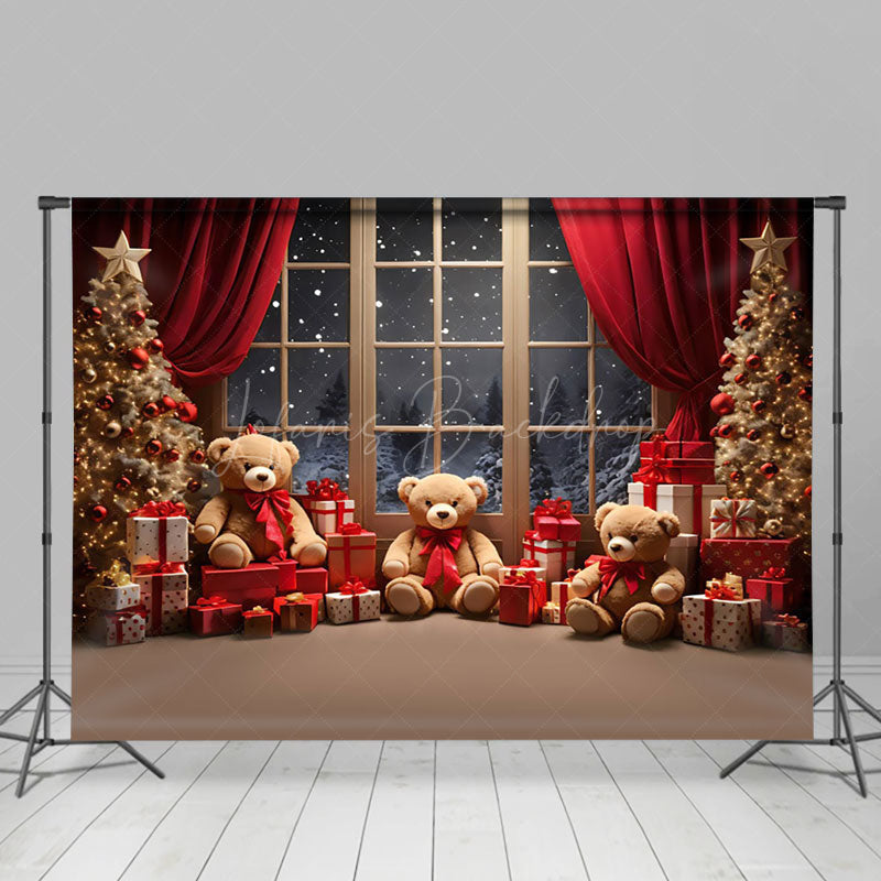 Lofaris Gift Teddy Bear Tree Window Night Snow Xmas Backdrop