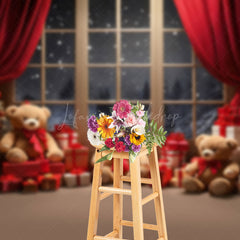 Lofaris Gift Teddy Bear Tree Window Night Snow Xmas Backdrop