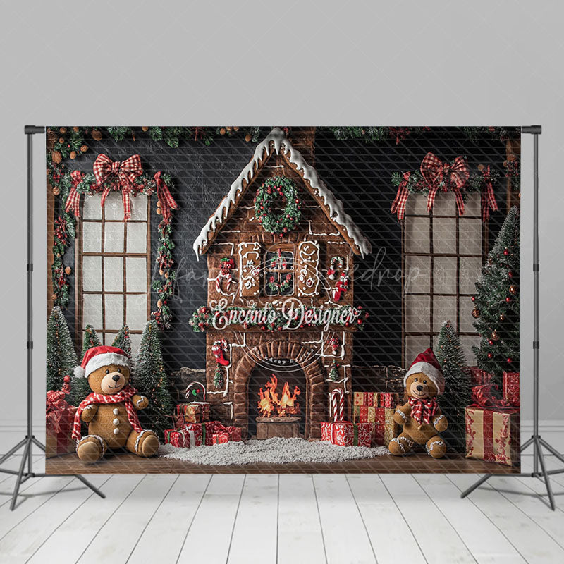 Lofaris Gingerbread House Bear Bow Christmas Photo Backdrop