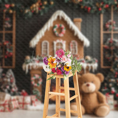 Lofaris Gingerbread House Bear Fireplace Christmas Backdrop