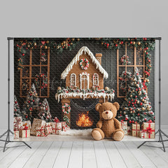 Lofaris Gingerbread House Bear Fireplace Christmas Backdrop