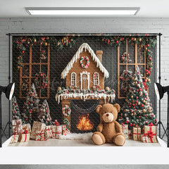 Lofaris Gingerbread House Bear Fireplace Christmas Backdrop