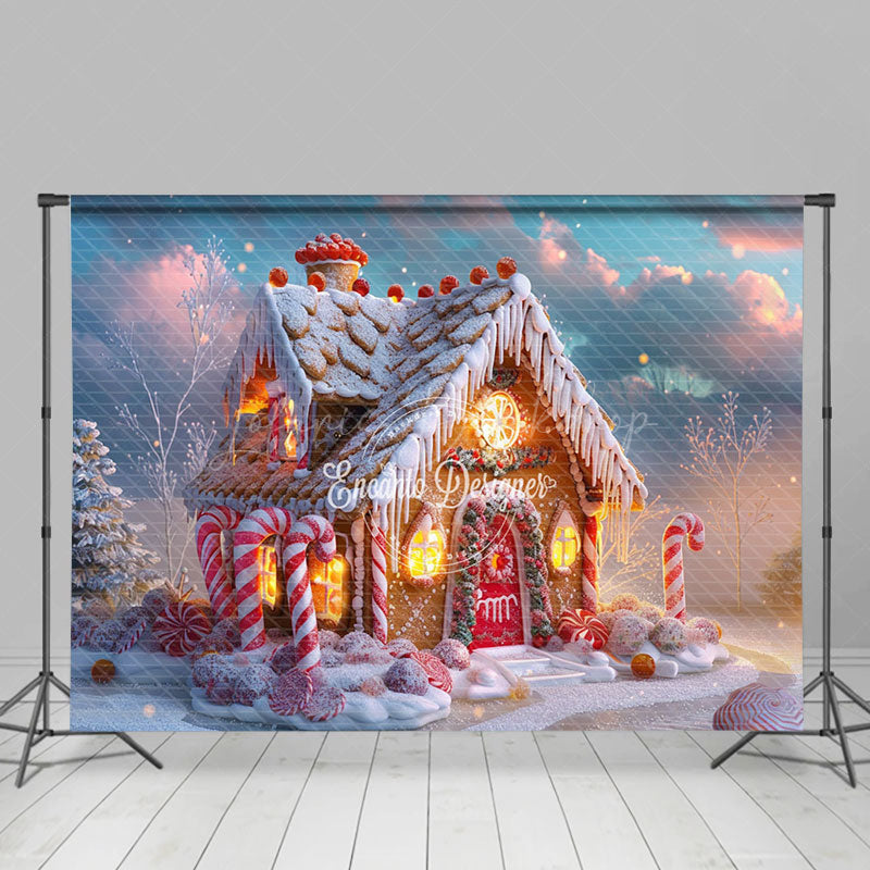 Lofaris Gingerbread House Candy Cane Sky Christmas Backdrop