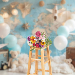 Lofaris Globe Map Luggage Bear Balloon Cake Smash Backdrop