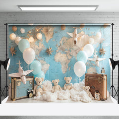 Lofaris Globe Map Luggage Bear Balloon Cake Smash Backdrop