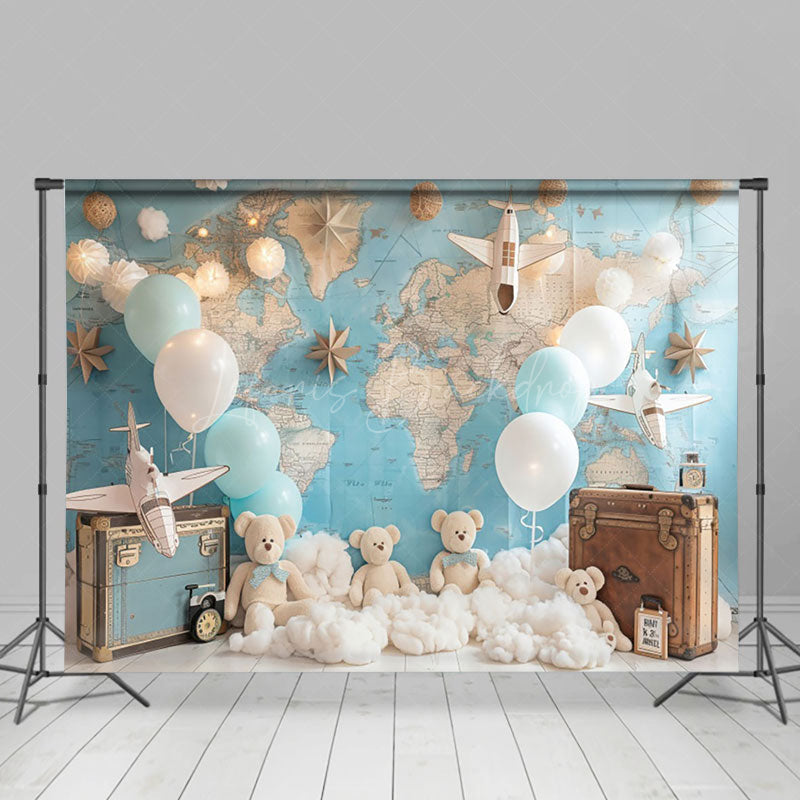 Lofaris Globe Map Luggage Bear Balloon Cake Smash Backdrop