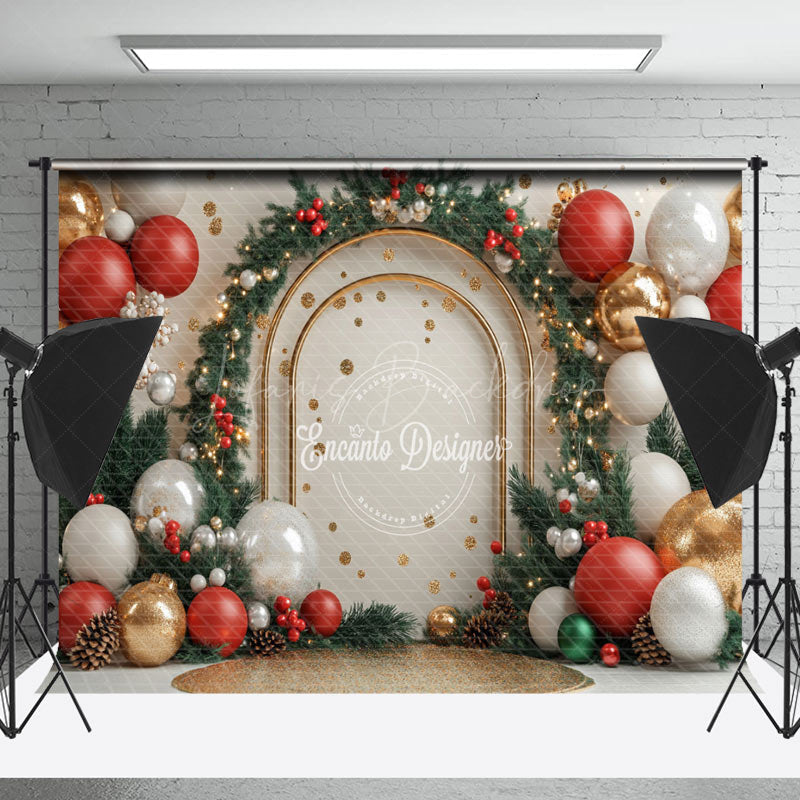 Lofaris Gold Arch Balloons Pine Leaves Christmas Backdrop