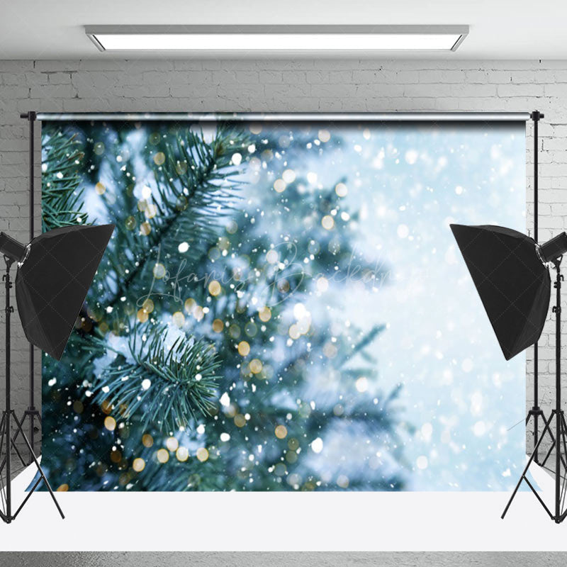 Lofaris Gold Bokeh Pine Leaves Snowy Winter Photo Backdrop