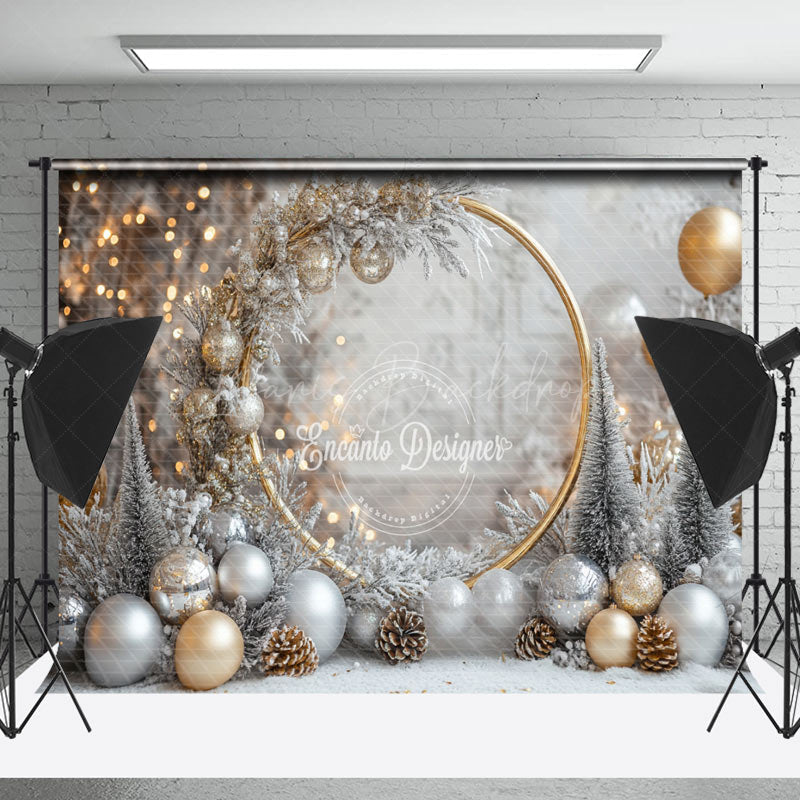 Lofaris Gold Circle Snowy Leaves Bells Christmas Backdrop