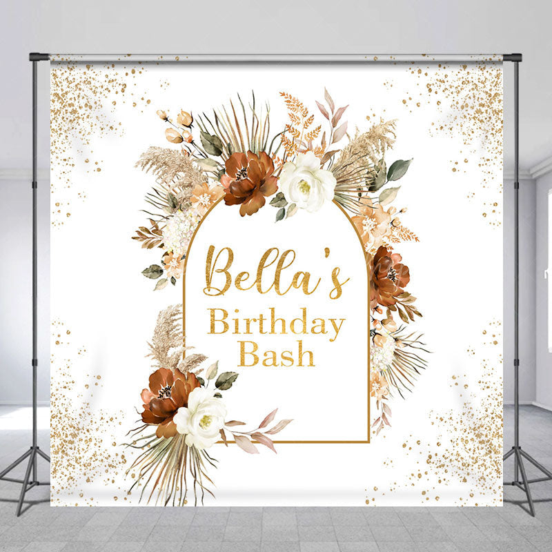 Lofaris Gold Glitter Boho Floral Custom Birthday Backdrop