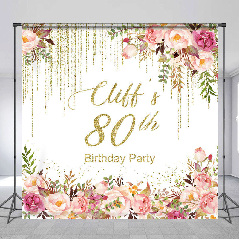 Lofaris Gold Glitter Floral Custom Name 80th Brithday Backdrop