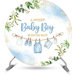 Lofaris Gold Glitter Plant Sweet Baby Boy Blue Round Backdrop