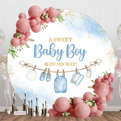 Lofaris Gold Glitter Plant Sweet Baby Boy Blue Round Backdrop