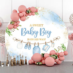 Lofaris Gold Glitter Plant Sweet Baby Boy Blue Round Backdrop