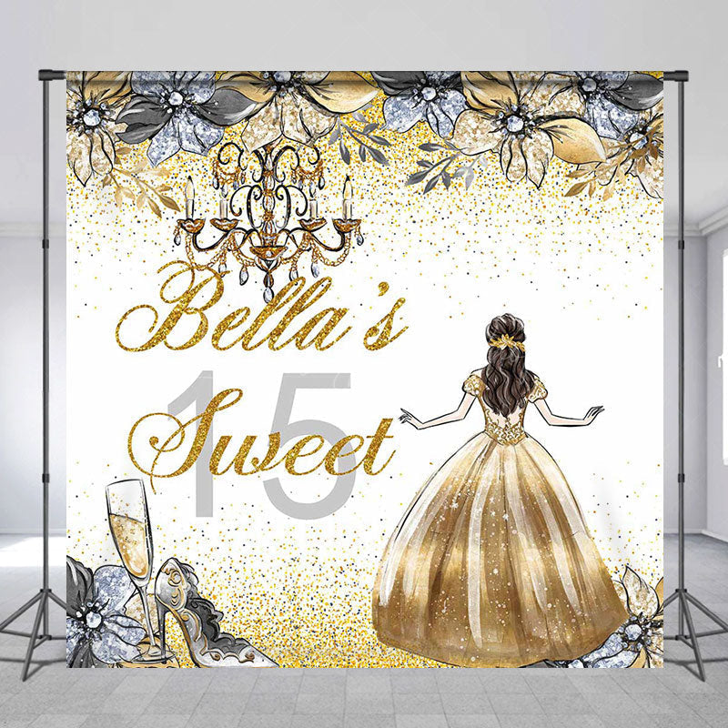 Lofaris Gold Glitter Princess Custom Name Sweet 15 Backdrop