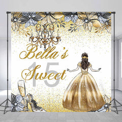 Lofaris Gold Glitter Princess Custom Name Sweet 15 Backdrop