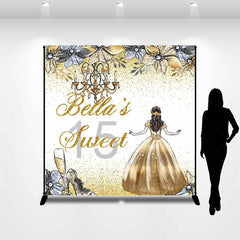 Lofaris Gold Glitter Princess Custom Name Sweet 15 Backdrop