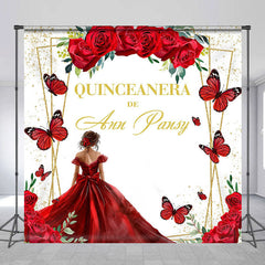 Lofaris Gold Glitter Red Rose Custom Quinceanera Backdrop