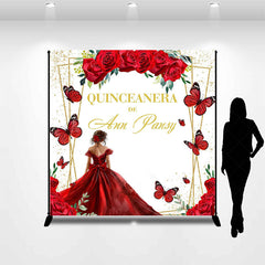 Lofaris Gold Glitter Red Rose Custom Quinceanera Backdrop