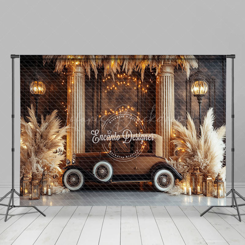 Lofaris Gold Glitter Retro Brown Truck Boho Wedding Backdrop