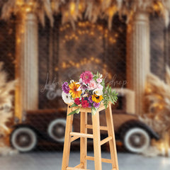 Lofaris Gold Glitter Retro Brown Truck Boho Wedding Backdrop