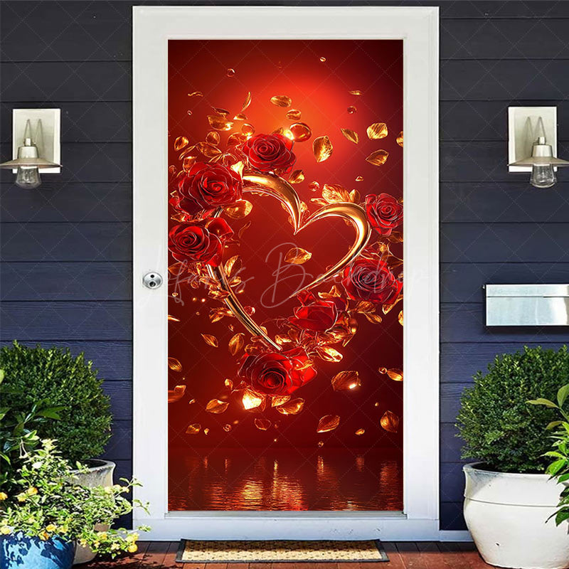 Lofaris Gold Heart Rose Romantic Valentines Day Door Cover