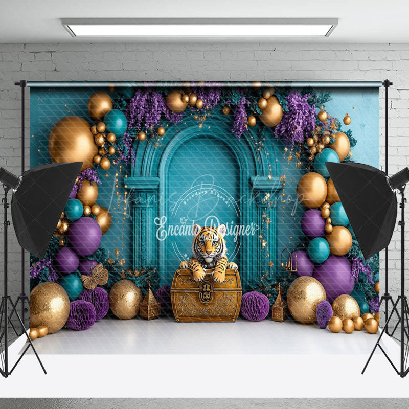 Lofaris Gold Purple Balloon Floral Tiger Cake Smash Backdrop