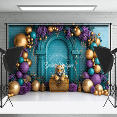 Lofaris Gold Purple Balloon Floral Tiger Cake Smash Backdrop