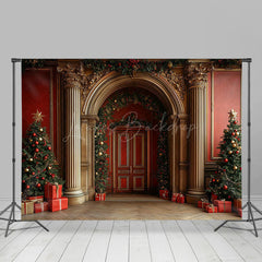 Lofaris Gold Red Festive Luxury Arch Door Wall Xmas Backdrop