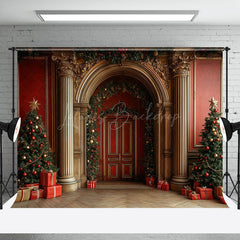 Lofaris Gold Red Festive Luxury Arch Door Wall Xmas Backdrop