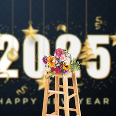 Lofaris Gold Ribbons Bauble Star 2025 Happy New Year Backdrop