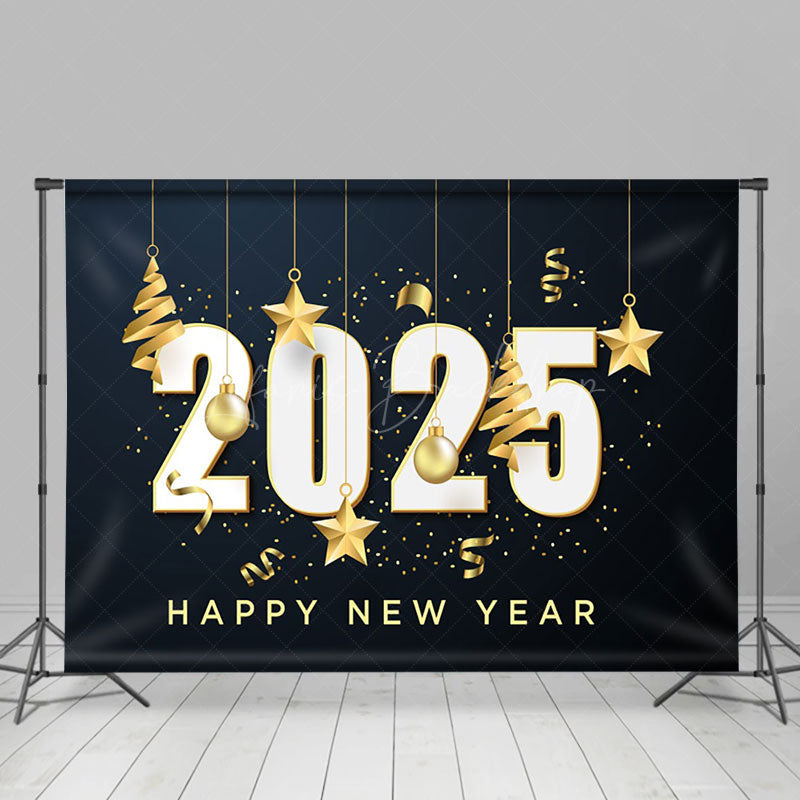 Lofaris Gold Ribbons Bauble Star 2025 Happy New Year Backdrop