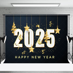 Lofaris Gold Ribbons Bauble Star 2025 Happy New Year Backdrop