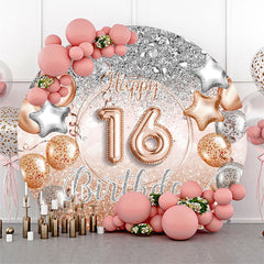 Lofaris Gold Silver Glitter Round 16th Birthday Backdrop